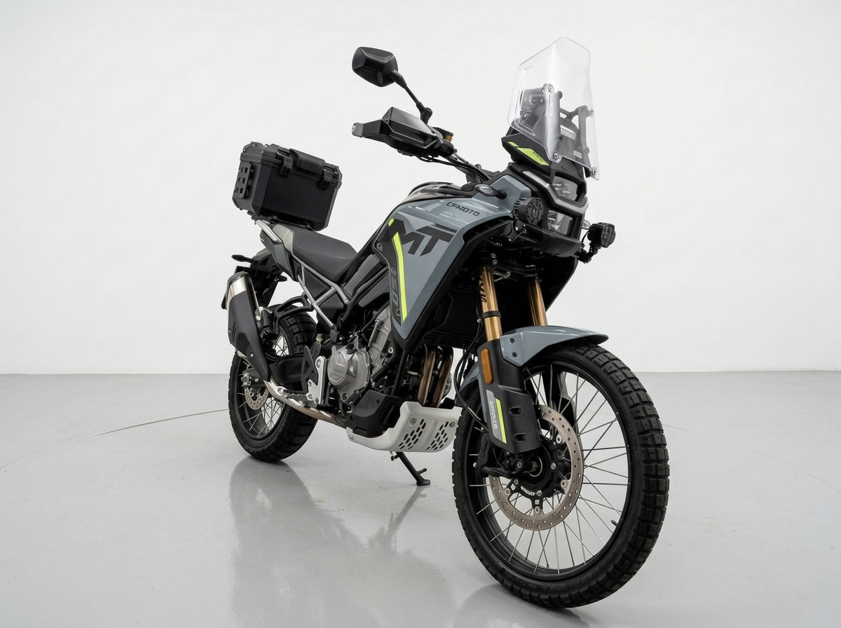 CFMoto 450MT in showroom with topcase